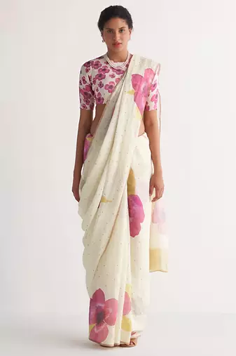 White leaf digital printed linen cotton saree