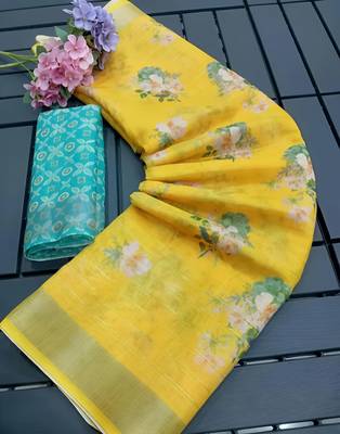 Yellow leaf digital printed linen cotton saree 2