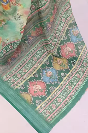 Green leaf digital printed linen cotton saree