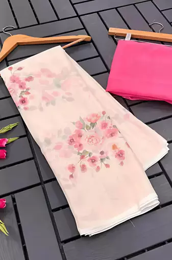 White leaf digital printed linen cotton saree
