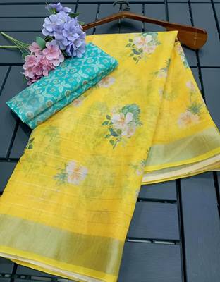 Yellow leaf digital printed linen cotton saree 3