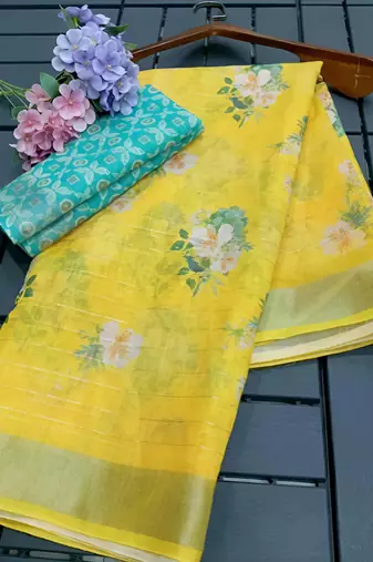 Yellow leaf digital printed linen cotton saree