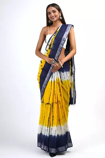 Multicolor leaf digital printed linen cotton saree
