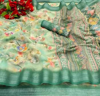 Green leaf digital printed linen cotton saree 4