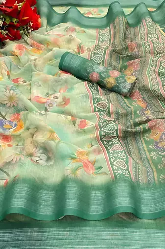 Green leaf digital printed linen cotton saree