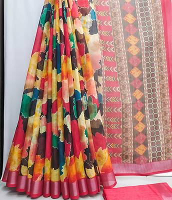 Multicolor leaf digital printed linen cotton saree 1