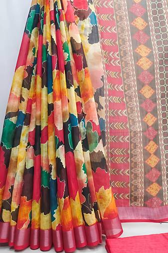 Multicolor leaf digital printed linen cotton saree