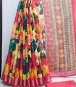 Multicolor leaf digital printed linen cotton saree