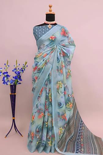 Grey leaf digital printed linen cotton saree