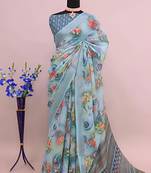 Grey leaf digital printed linen cotton saree