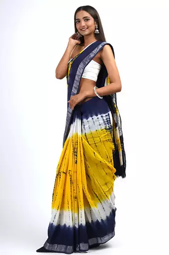 Multicolor leaf digital printed linen cotton saree