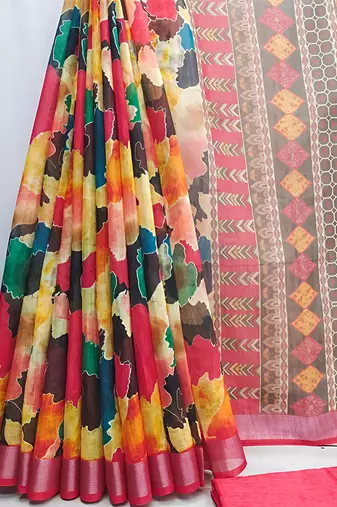 Multicolor leaf digital printed linen cotton saree