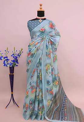 Grey leaf digital printed linen cotton saree 2