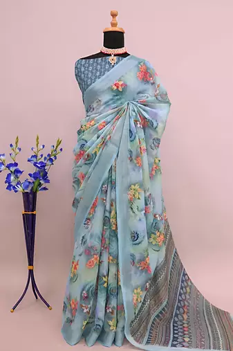 Grey leaf digital printed linen cotton saree