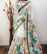 White leaf digital printed linen cotton saree