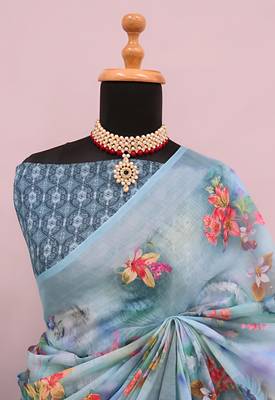 Grey leaf digital printed linen cotton saree 3