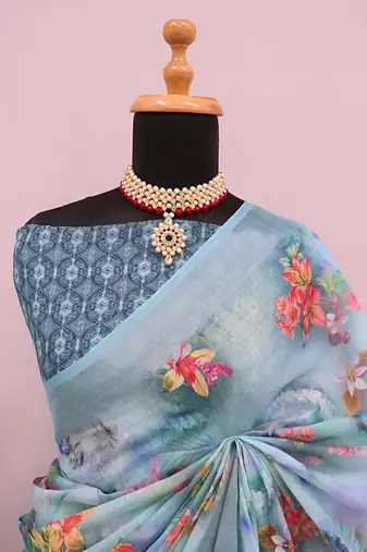 Grey leaf digital printed linen cotton saree