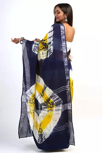Multicolor leaf digital printed linen cotton saree