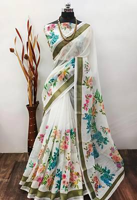 White leaf digital printed linen cotton saree 2