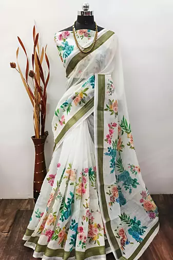 White leaf digital printed linen cotton saree