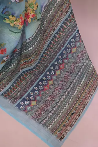 Grey leaf digital printed linen cotton saree