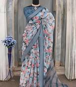 Grey leaf digital printed linen cotton saree