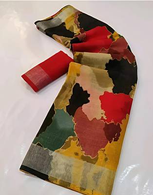 Multicolor leaf digital printed linen cotton saree 4