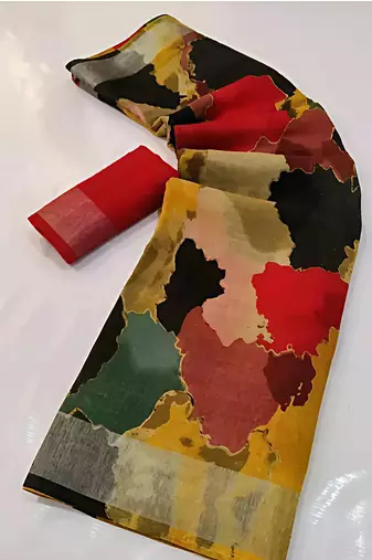 Multicolor leaf digital printed linen cotton saree