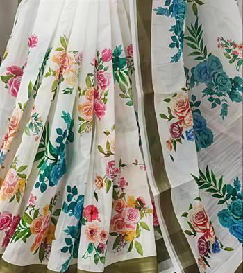White leaf digital printed linen cotton saree 3