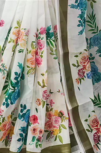 White leaf digital printed linen cotton saree