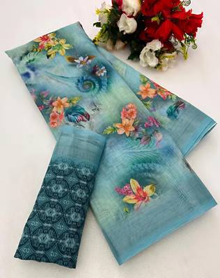 Grey leaf digital printed linen cotton saree 5