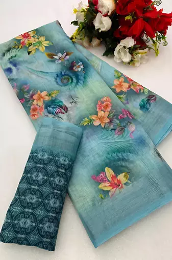 Grey leaf digital printed linen cotton saree