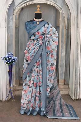 Grey leaf digital printed linen cotton saree 2