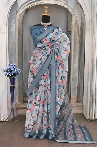 Grey leaf digital printed linen cotton saree