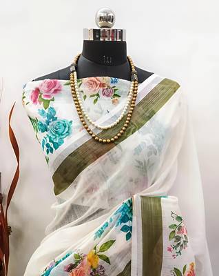 White leaf digital printed linen cotton saree 4