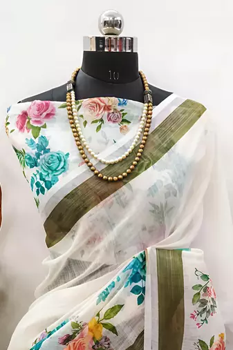 White leaf digital printed linen cotton saree