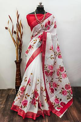 White leaf digital printed linen cotton saree 1