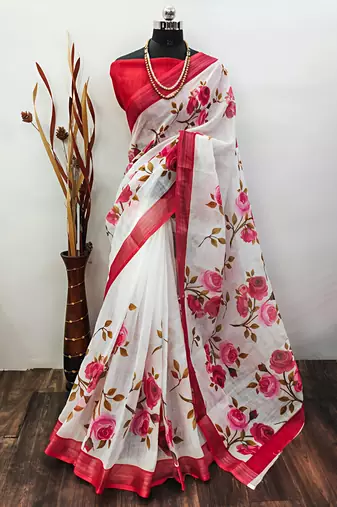 White leaf digital printed linen cotton saree