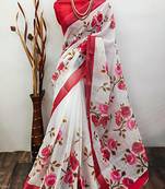 White leaf digital printed linen cotton saree