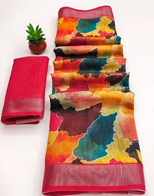 Multicolor leaf digital printed linen cotton saree 5