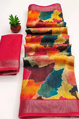 Multicolor leaf digital printed linen cotton saree