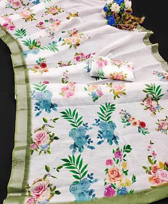 White leaf digital printed linen cotton saree 5