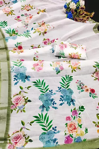 White leaf digital printed linen cotton saree