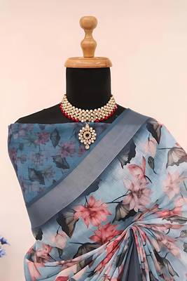 Grey leaf digital printed linen cotton saree 3
