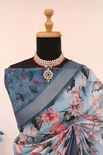 Grey leaf digital printed linen cotton saree