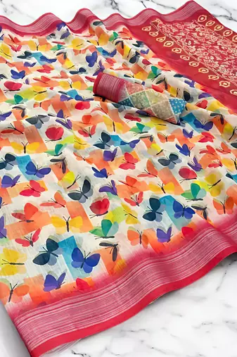 Multicolor leaf digital printed linen cotton saree