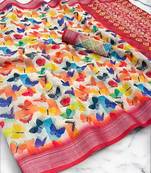 Multicolor leaf digital printed linen cotton saree