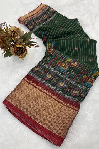 Green wovan ikat art silk saree with blouse