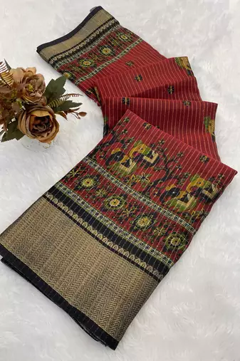 Red wovan ikat art silk saree with blouse