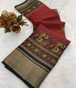 Red wovan ikat art silk saree with blouse